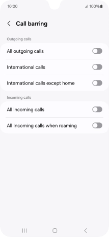 Press the indicator next to the required barring type to turn the function on or off.
