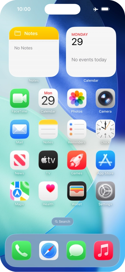 The flight mode icon shows that flight mode is turned on.