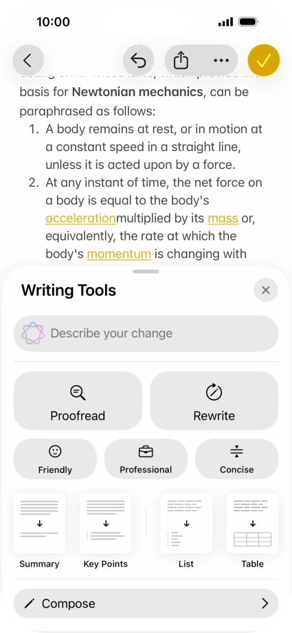 Press Describe your change and write in your own words how you would like the text to be rewritten. Follow the instructions on the screen to use the function.