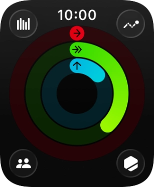 The screen will tell you how far you are from completing your daily activity goals. When the coloured rings are closed, you've reached the goals of your daily activity.