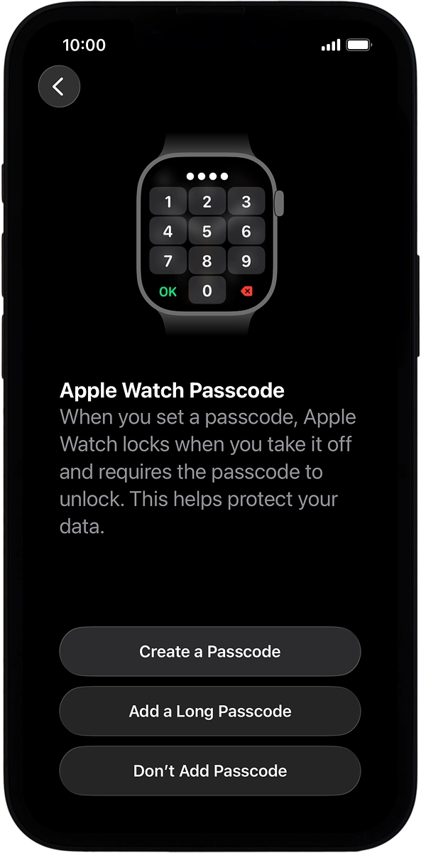 On your phone: Follow the instructions on the screen to turn on use of phone lock code or press Don't Add Passcode.