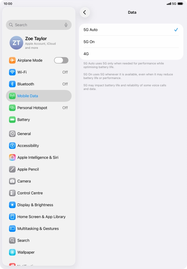 To turn on automatic switch between 5G and 4G, press 5G Auto.