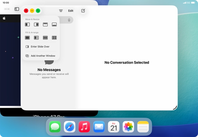 Press the required setting to place the application window on the opposite side of the screen from the first application window.