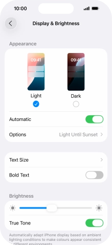 If you turn on the function, press Options and follow the instructions on the screen to select the required period of time for Dark Mode.