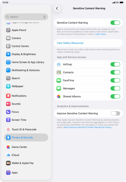 Press the indicators next to the required applications to turn the function on or off.
