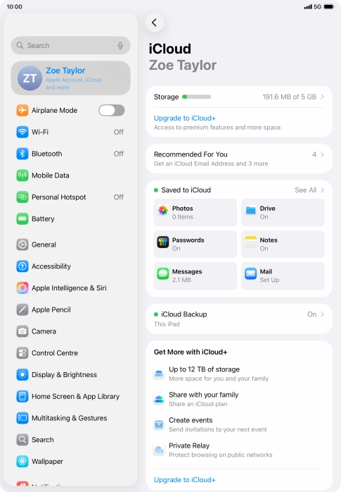 Press iCloud Backup.