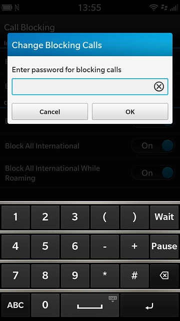 Key in your barring password (default is 0000) and press OK.