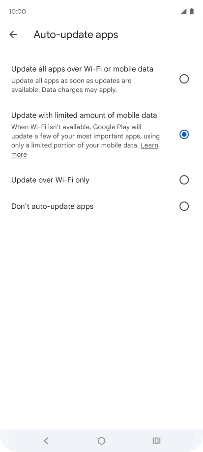To turn on automatic update of apps using mobile network, press Update all apps over Wi-Fi or mobile data.