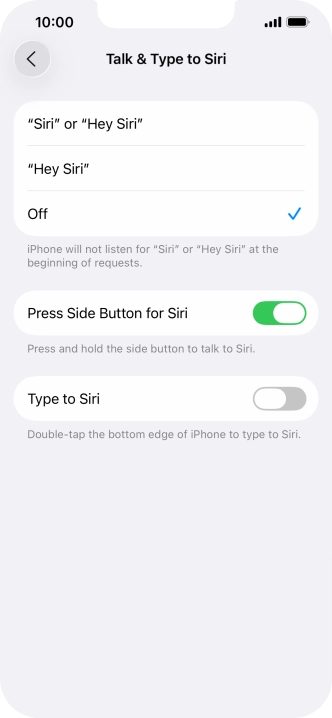 Press the required setting to turn the function on or off. If you turn on the function, you need to follow the instructions on the screen to set up Siri to recognise your voice.