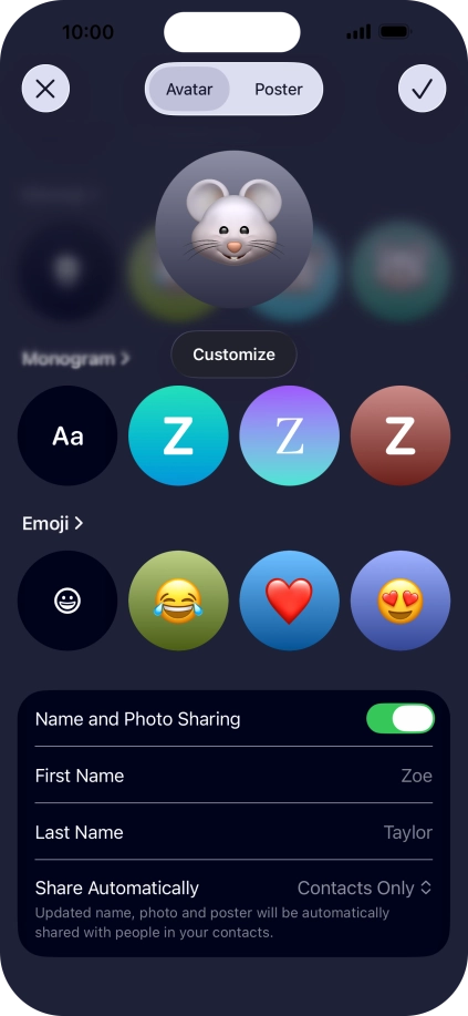 Press the name fields and follow the instructions on the screen to edit your name on the Contact Poster.