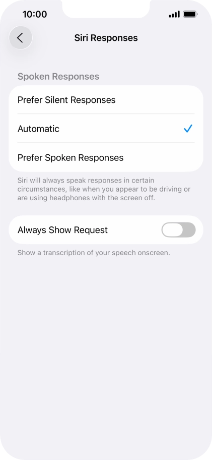 Press the required setting.