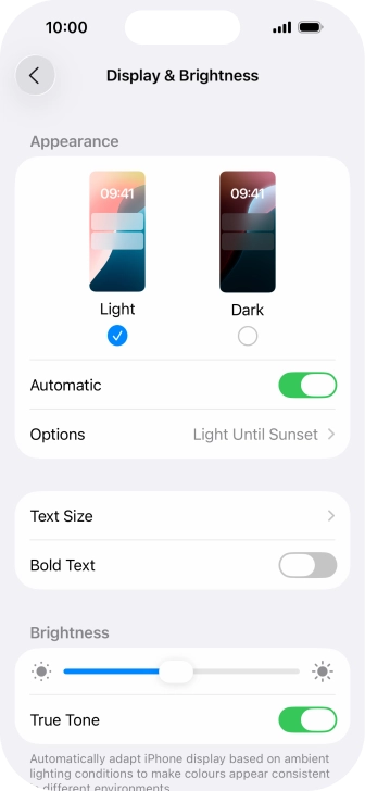 If you turn on the function, press Options and follow the instructions on the screen to select the required period of time for Dark Mode.