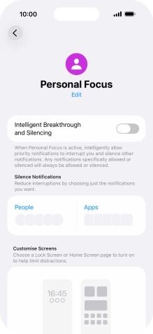 Press People and follow the instructions on the screen to select which contacts you would like to receive calls and notifications from when the selected focus mode is active.