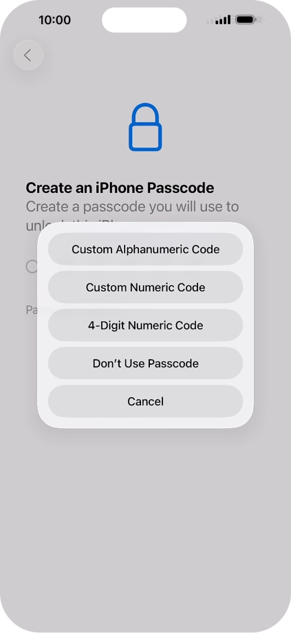 Follow the instructions on the screen to turn on use of phone lock code or press Don't Use Passcode.