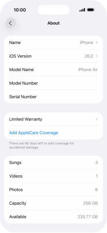 Your phone's software version is displayed next to iOS Version.