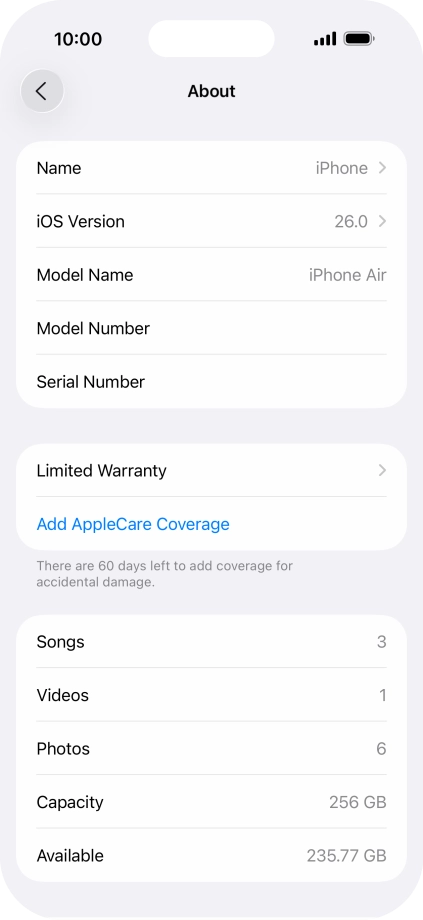 Your phone's software version is displayed next to iOS Version.
