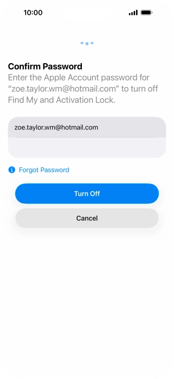 Key in the password for your Apple Account and press Turn Off. Wait a moment while the factory default settings are restored. Follow the instructions on the screen to set up your phone and prepare it for use.