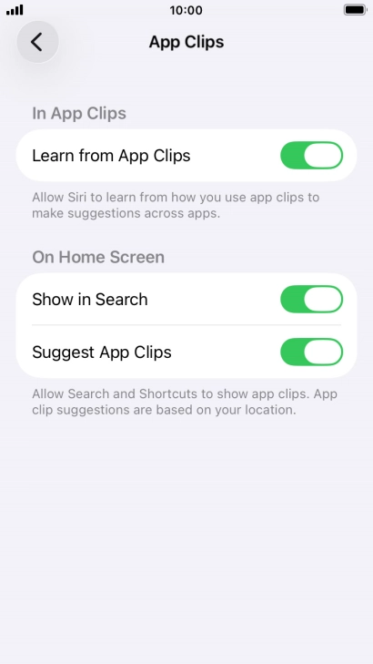 Press the indicators next to the required settings to turn them on or off.