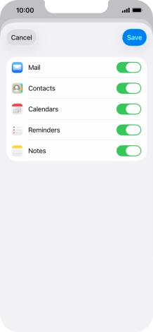 Press the indicators next to the required data types to turn synchronisation of each data type on or off.