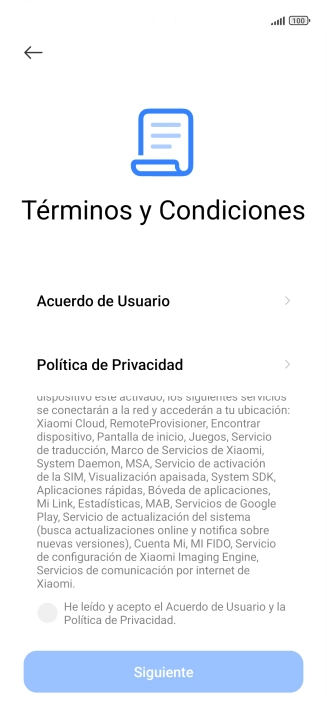 Pulsa en el campo  para aceptar los términos y condiciones.