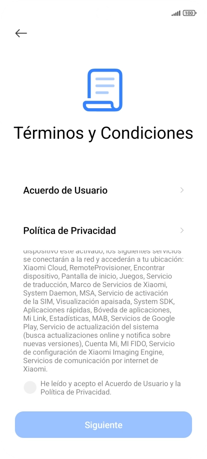 Pulsa en el campo  para aceptar los términos y condiciones.