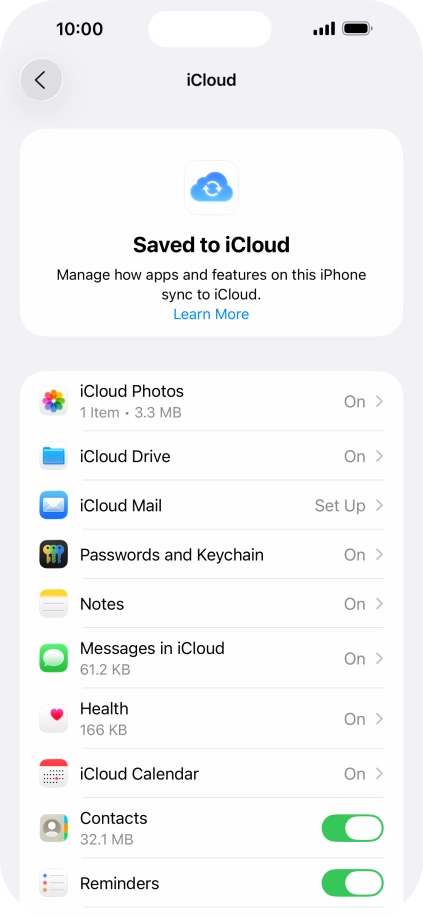 Press the indicators next to the required data types to turn synchronisation of each data type on or off.