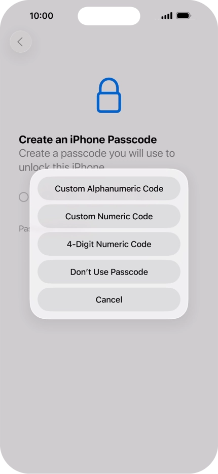 Follow the instructions on the screen to turn on use of phone lock code or press Don't Use Passcode.