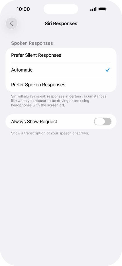 Press the required setting.
