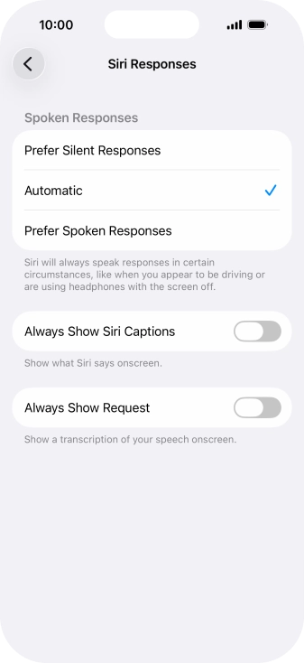 Press the required setting.