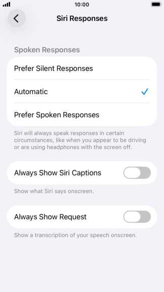 Press the required setting.
