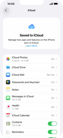 Press the indicators next to the required data types to turn synchronisation of each data type on or off.