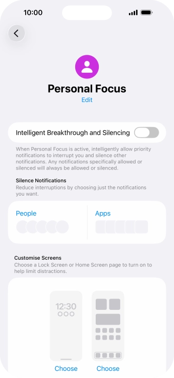 Press People and follow the instructions on the screen to select which contacts you would like to receive calls and notifications from when the selected focus mode is active.