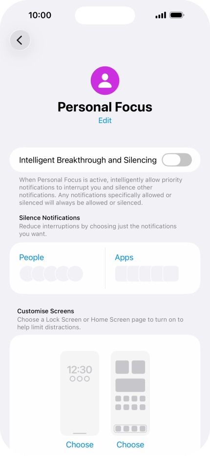 Press People and follow the instructions on the screen to select which contacts you would like to receive calls and notifications from when the selected focus mode is active.