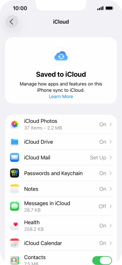 Press the indicators next to the required data types to turn synchronisation of each data type on or off.
