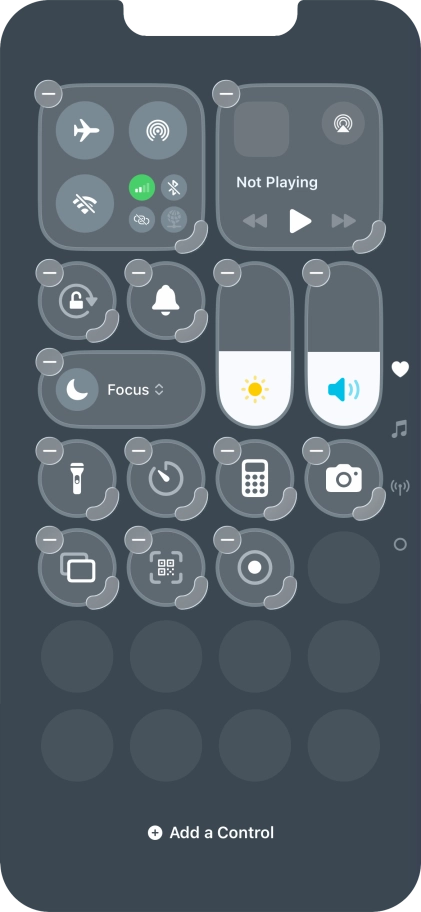 Press Add a Control and follow the instructions on the screen to add the required function to Control Centre.