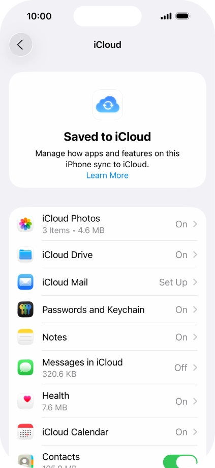 Press the indicators next to the required data types to turn synchronisation of each data type on or off.