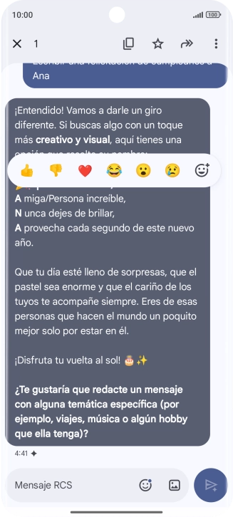 Pulsa la propuesta de texto de Gemini durante unos instantes. Sigue las indicaciones de la pantalla para utilizar el texto propuesto.