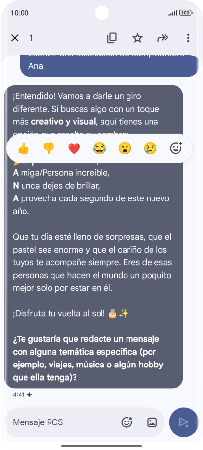 Pulsa la propuesta de texto de Gemini durante unos instantes. Sigue las indicaciones de la pantalla para utilizar el texto propuesto.