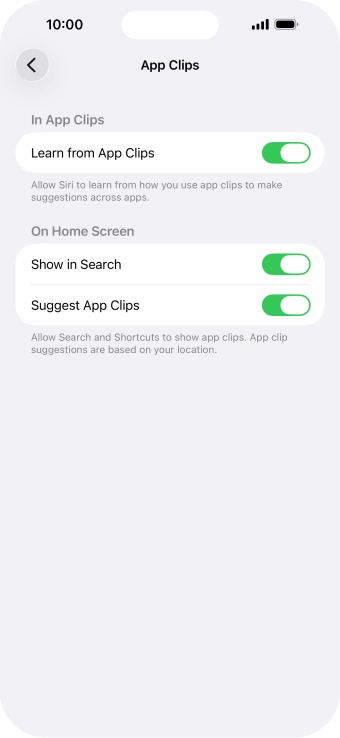 Press the indicators next to the required settings to turn them on or off.
