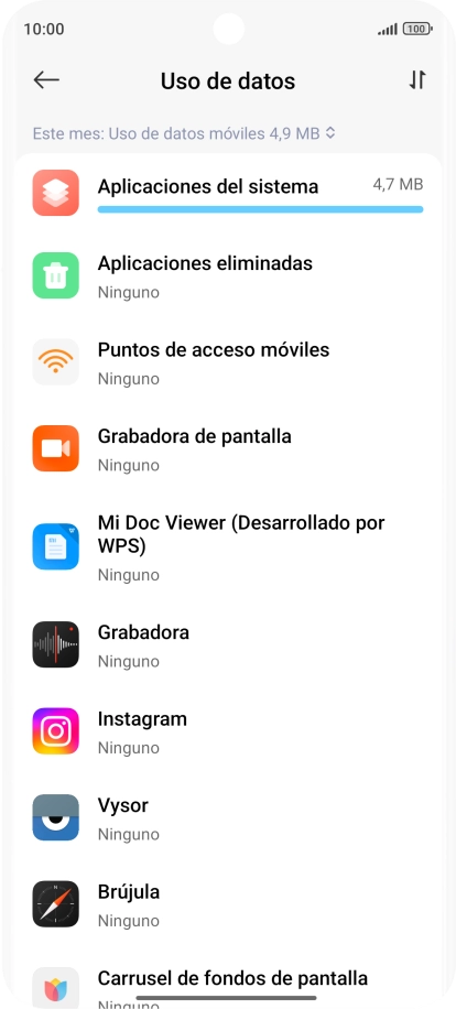 El consumo de datos por cada aplicación aparece bajo el nombre de la aplicación.