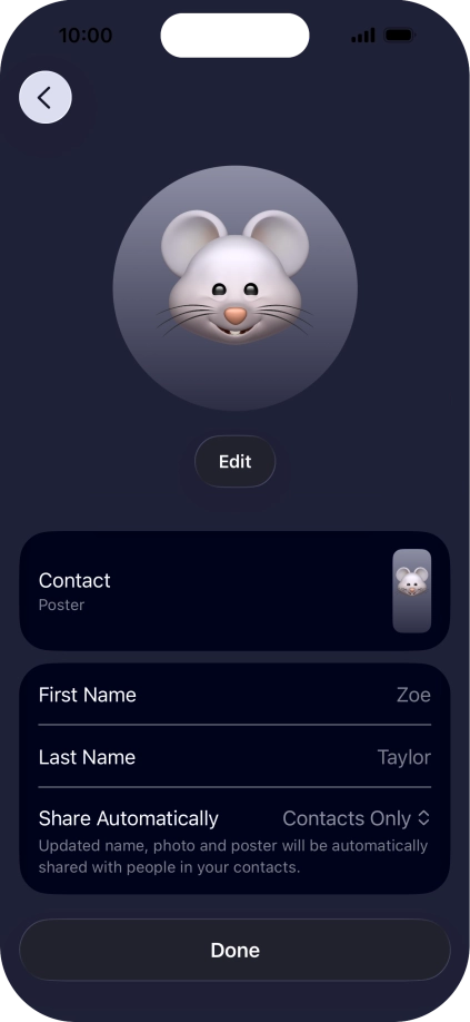 Press the name fields and follow the instructions on the screen to edit your name on the Contact Poster.