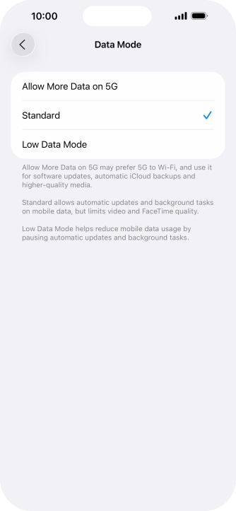 Press the required setting.
