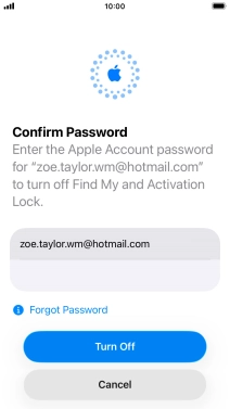 Key in the password for your Apple Account and press Turn Off. Wait a moment while the factory default settings are restored. Follow the instructions on the screen to set up your phone and prepare it for use.