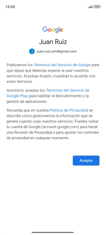 Pulsa Acepto y sigue las indicaciones de la pantalla para seleccionar los ajustes de tu cuenta de Google.