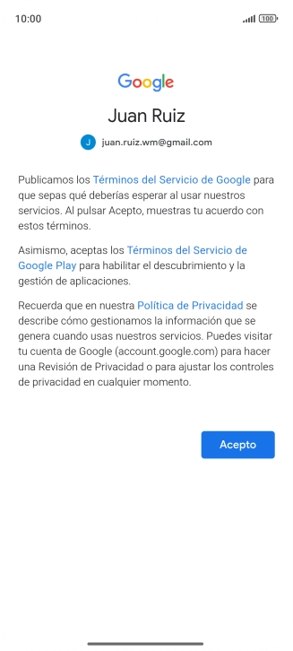 Pulsa Acepto y sigue las indicaciones de la pantalla para seleccionar los ajustes de tu cuenta de Google.