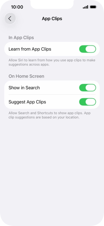 Press the indicators next to the required settings to turn them on or off.