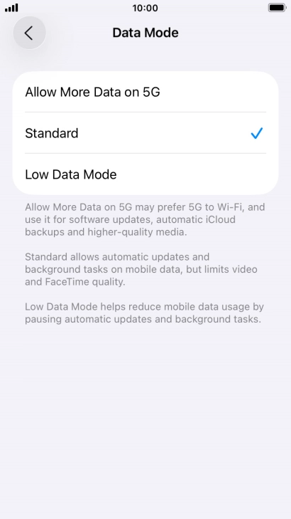 Press the required setting.