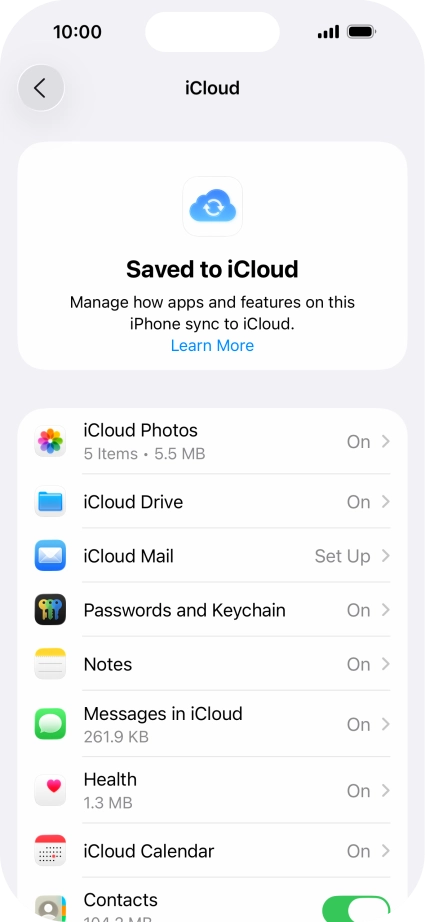 Press the indicators next to the required data types to turn synchronisation of each data type on or off.