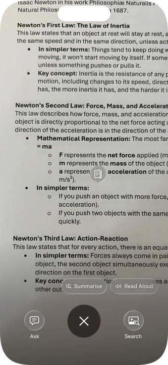 To use visual intelligence on a text, take a picture of the text, press the required setting and follow the instructions on the screen to use the function.