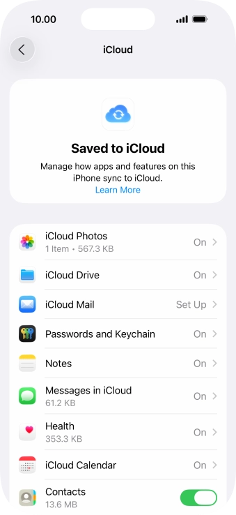 Press the indicators next to the required data types to turn synchronisation of each data type on or off.